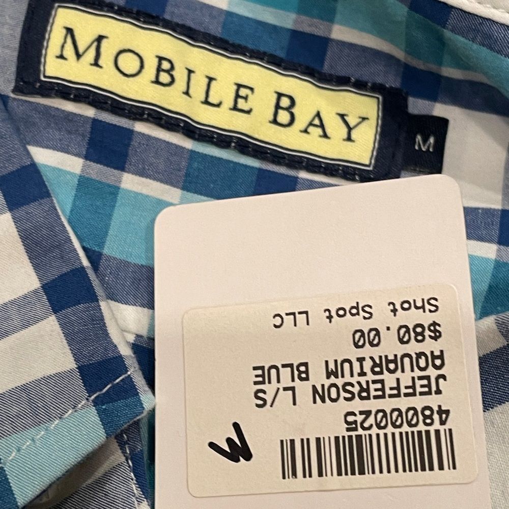 New Mobile Bay Mens Medium Sz M Blue Plaid Button Down Long Sleeve Shirt - Picture 3 of 5